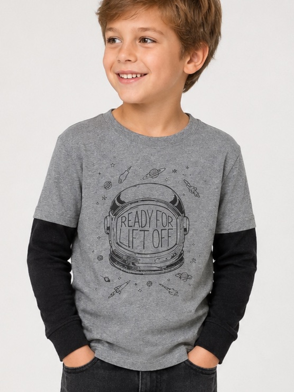 JUMPING BEANS Grey and Black Layered-Look Astronaut Tee